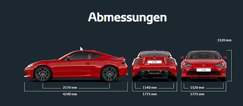 Abmessungen und Maße des neuen Toyota GT86 2016 Bildquelle: Toyota.de