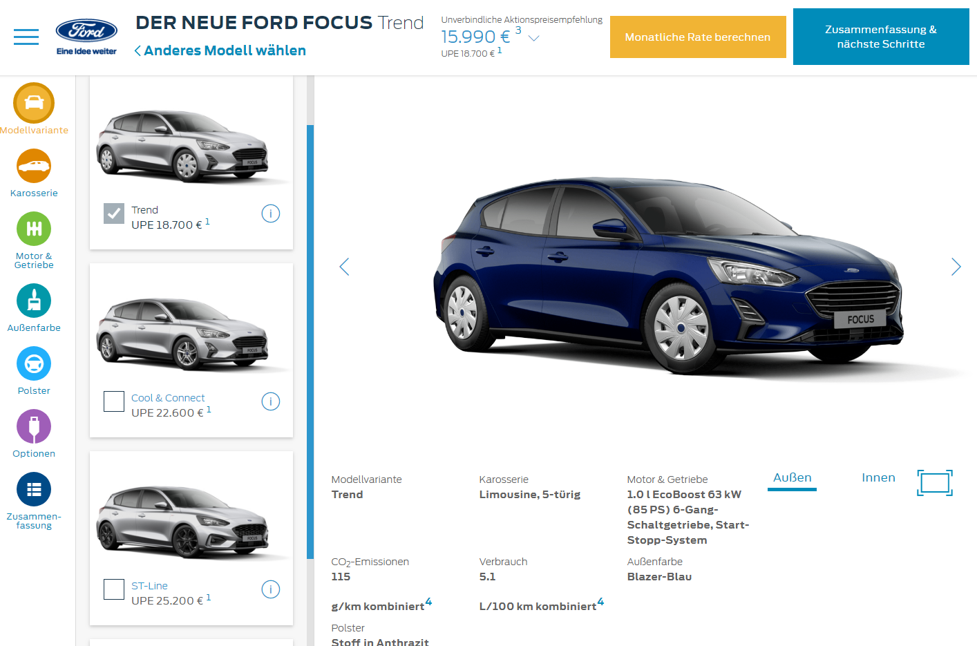 Ford Focus 2018 derzeit online mit Aktionsbonus erhältlich Bildquelle: Ford.de