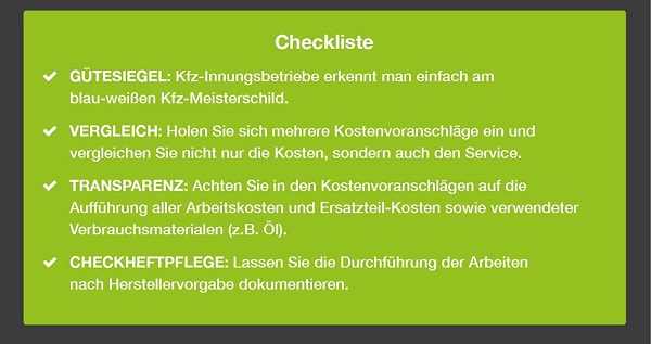 KFZ Checkliste Freie Werkstatt oder Vertragswerkstatt Bildquelle: contorion.de