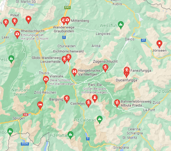 Leihwagen für den Urlaub, Wandern in Graubünden Quelle: Google Maps