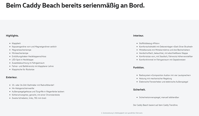 Serienausstattung im VW Caddy Maxi Beach Bildquelle: Volkswagen